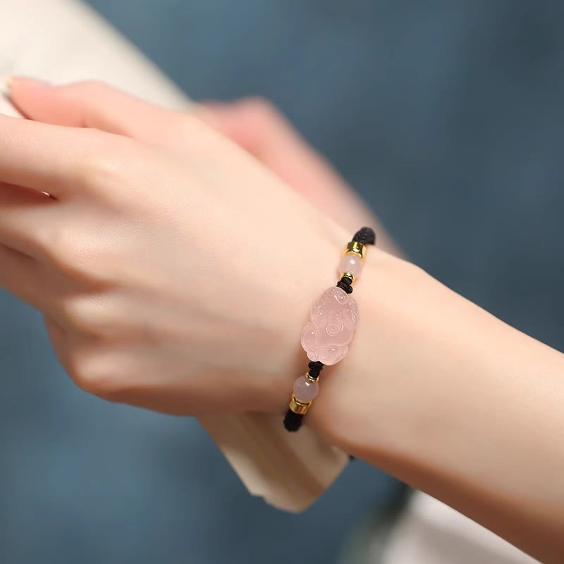 Pink Crystal PiXiu Wealth Bracelet with Red String Protection