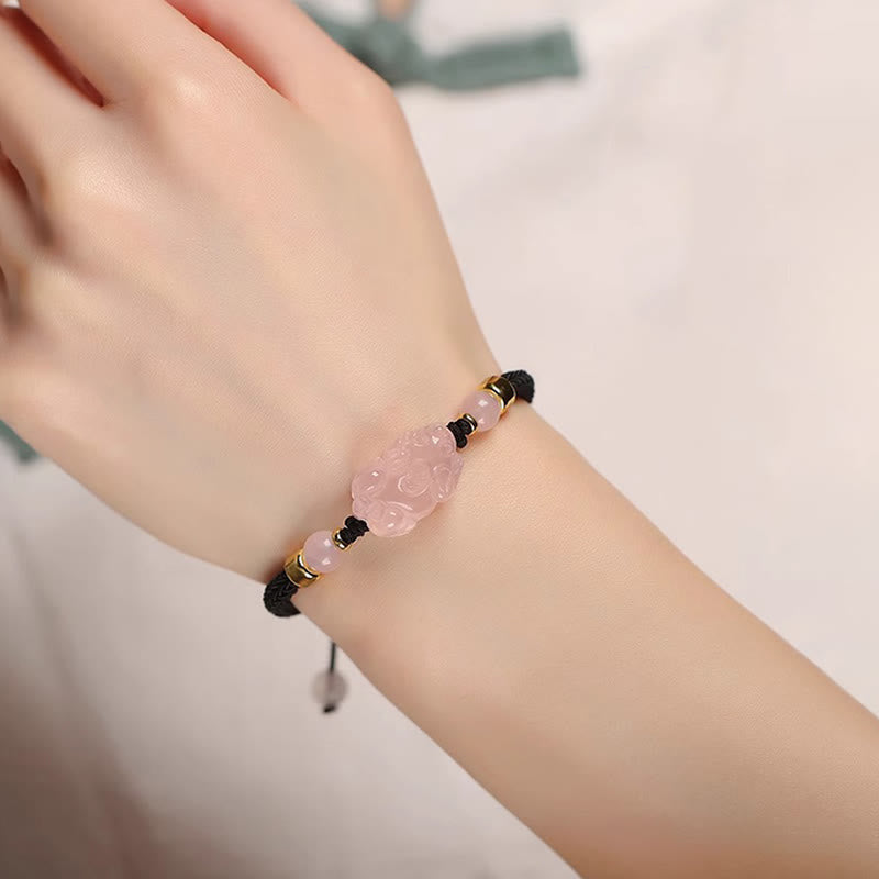 Pink Crystal PiXiu Wealth Bracelet with Red String Protection
