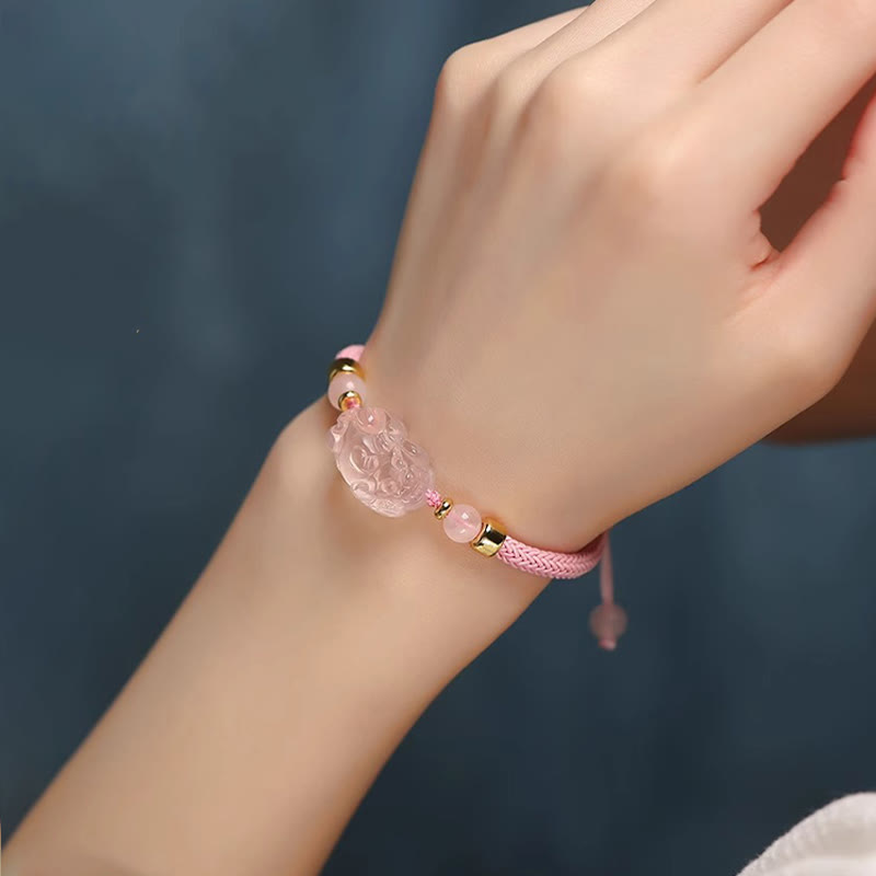 Pink Crystal PiXiu Wealth Bracelet with Red String Protection