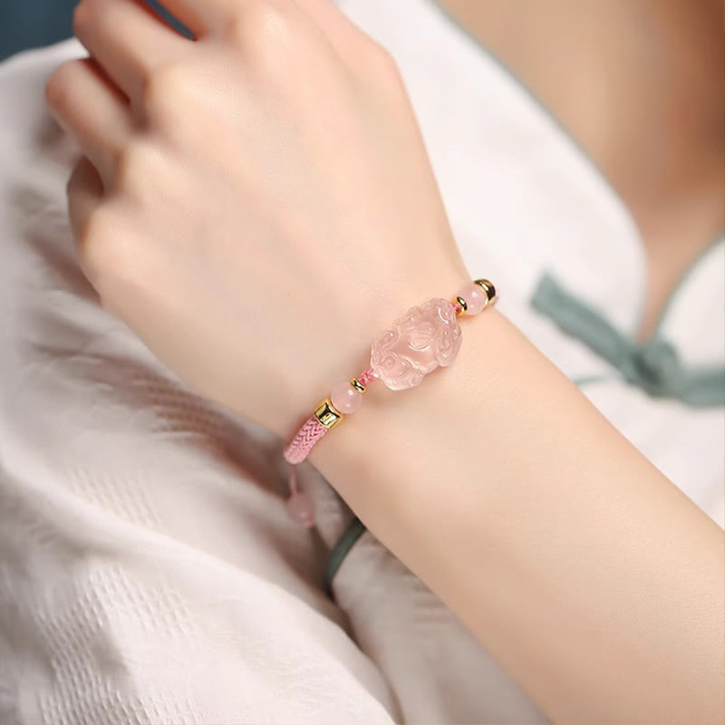 Pink Crystal PiXiu Wealth Bracelet with Red String Protection