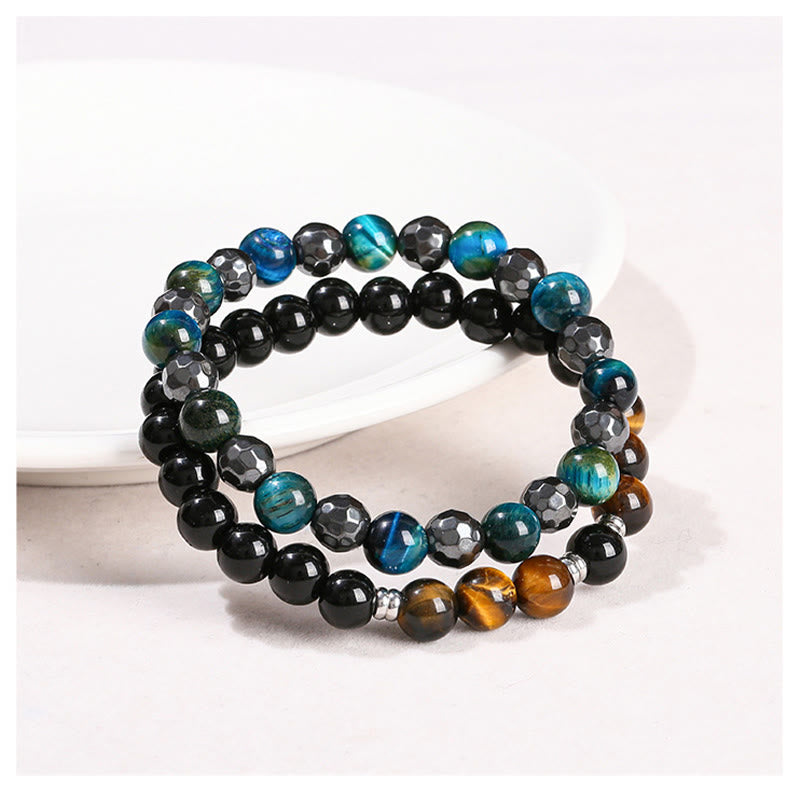 8mm Hematite Blue Tiger Eye Bracelet Set - Protection Design