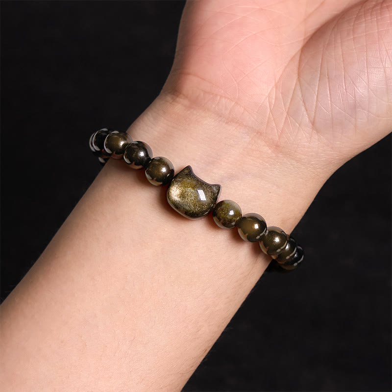 Gold Sheen Obsidian Bracelet with Lucky Cat Paw Charm for Protection