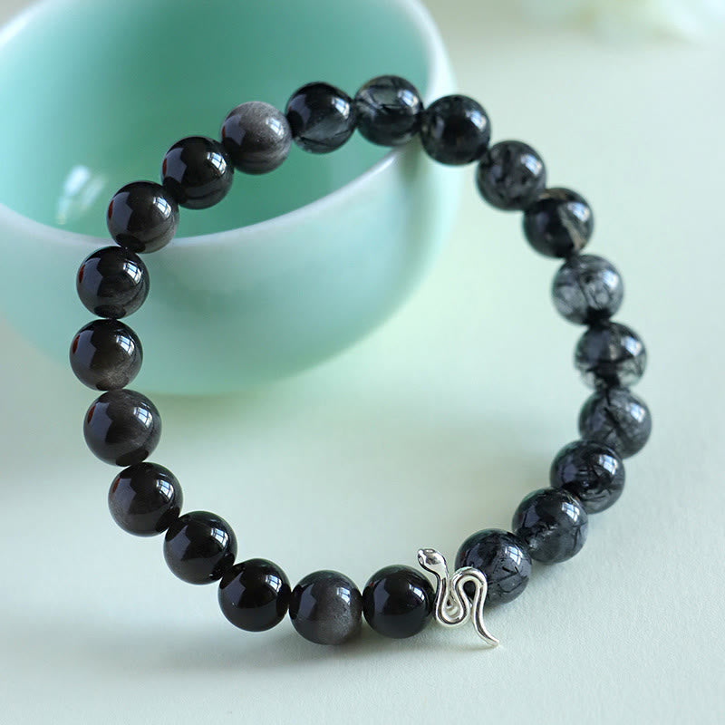 Natural Sun Stone & Super Seven Crystal Snake Bracelet 8mm