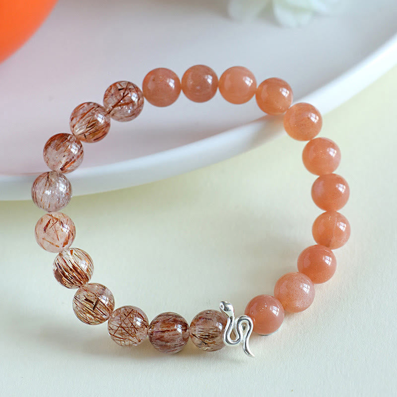 Natural Sun Stone & Super Seven Crystal Snake Bracelet 8mm