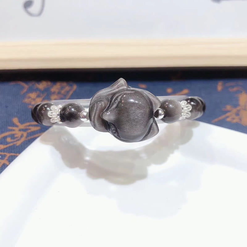 8mm Silver Sheen Obsidian Communication Bracelet with Nine-Tailed Fox