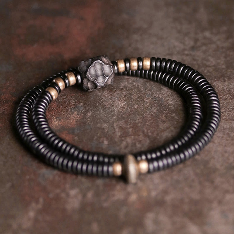 12mm Ebony Wood Brass Peace Double Wrap Bracelet