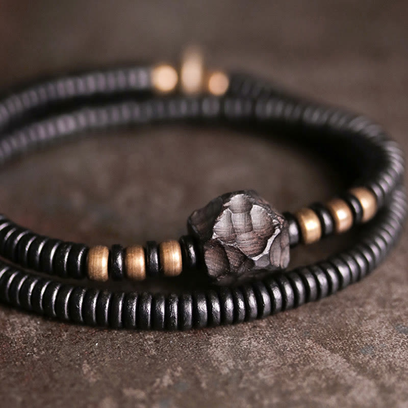 12mm Ebony Wood Brass Peace Double Wrap Bracelet