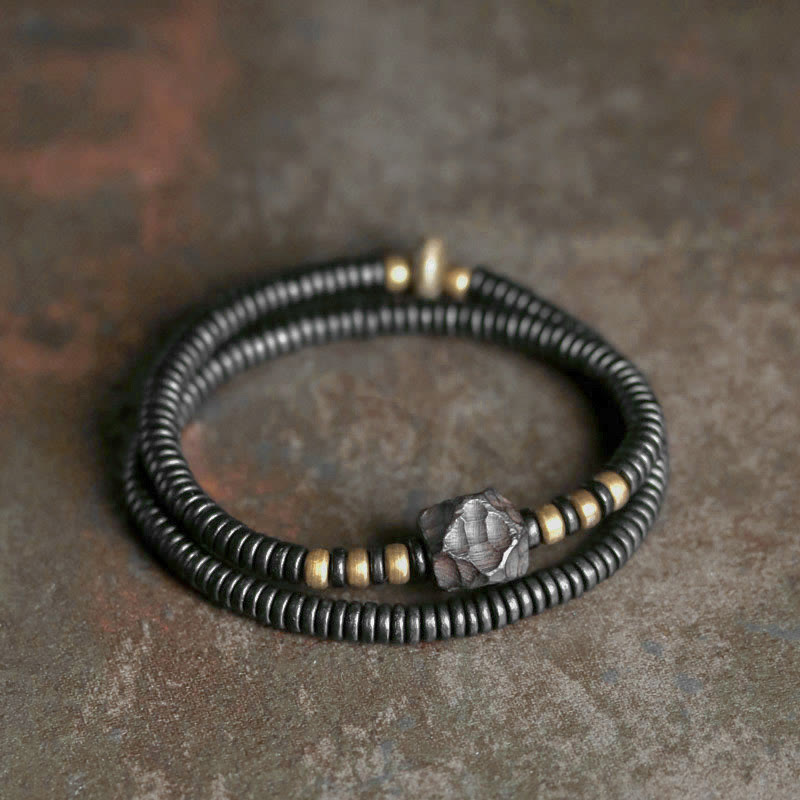 12mm Ebony Wood Brass Peace Double Wrap Bracelet
