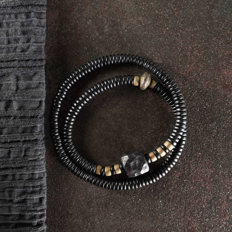 12mm Ebony Wood Brass Peace Double Wrap Bracelet