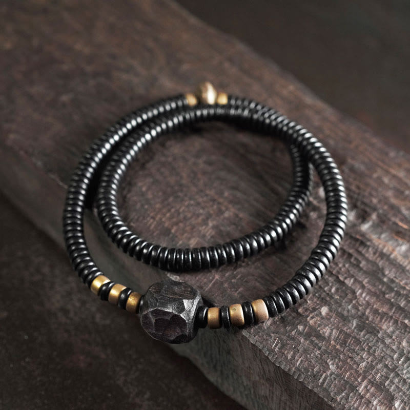 12mm Ebony Wood Brass Peace Double Wrap Bracelet