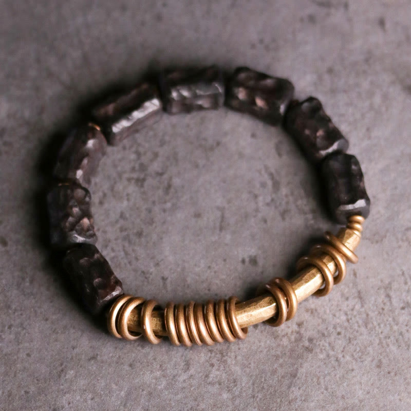 8.5mm Ebony Wood Peace Bracelet with Copper Rings 14-17.5cm