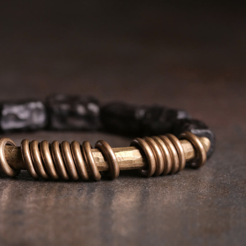 8.5mm Ebony Wood Peace Bracelet with Copper Rings 14-17.5cm