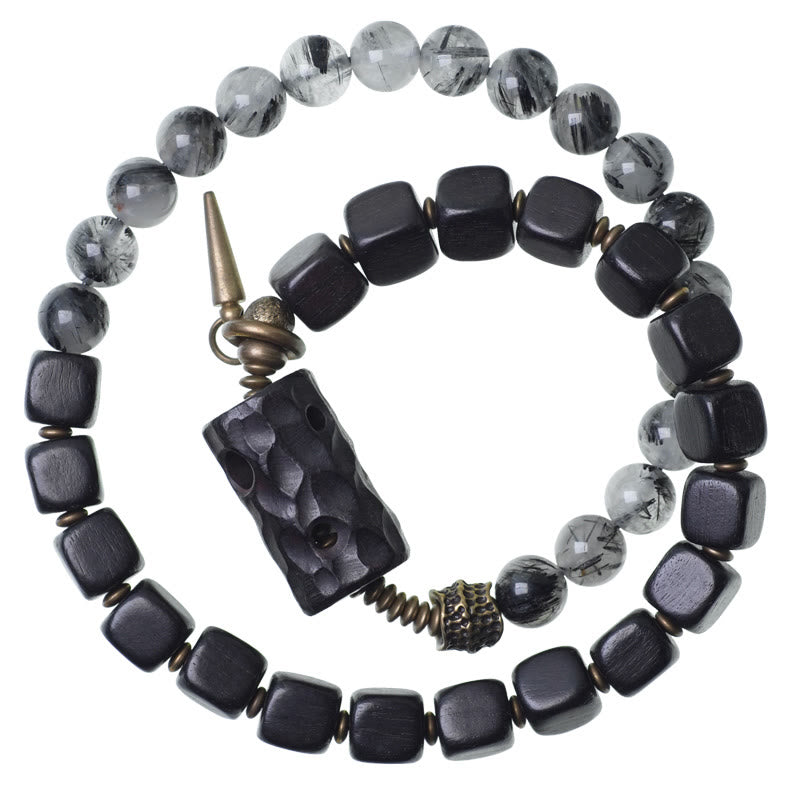 8mm Ebony Wood Black Rutilated Quartz Double Wrap Bracelet