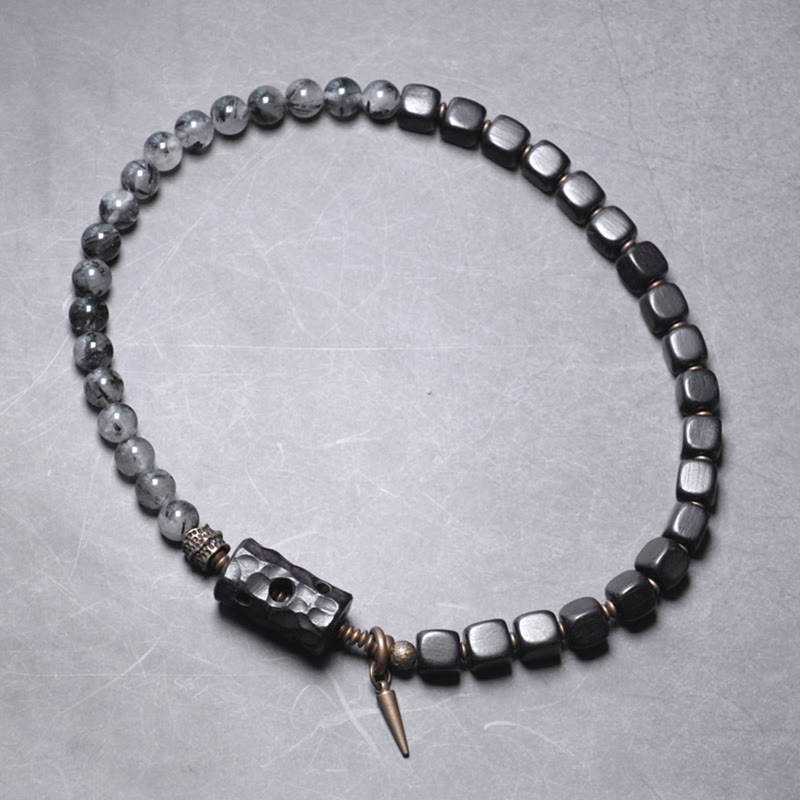 8mm Ebony Wood Black Rutilated Quartz Double Wrap Bracelet