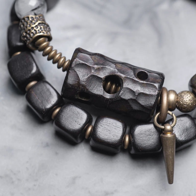8mm Ebony Wood Black Rutilated Quartz Double Wrap Bracelet