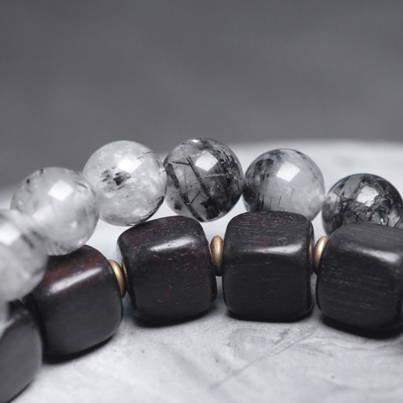 8mm Ebony Wood Black Rutilated Quartz Double Wrap Bracelet