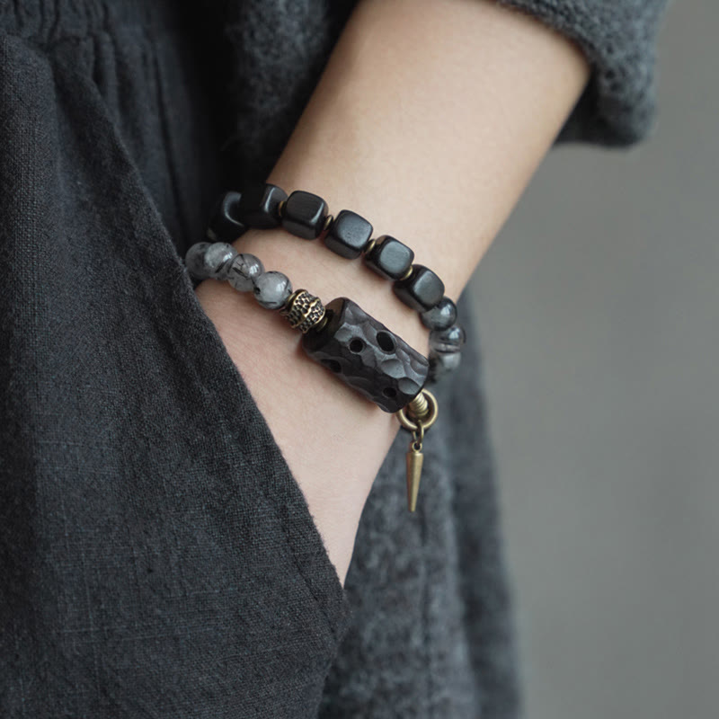 8mm Ebony Wood Black Rutilated Quartz Double Wrap Bracelet