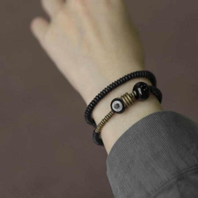 Double Wrap Ebony Wood and Green Sandalwood Obsidian Bracelet for Calm
