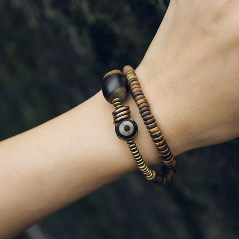 Double Wrap Ebony Wood and Green Sandalwood Obsidian Bracelet for Calm
