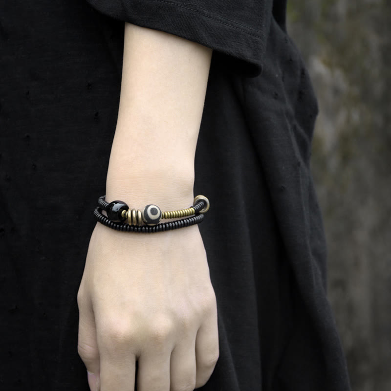 Double Wrap Ebony Wood and Green Sandalwood Obsidian Bracelet for Calm