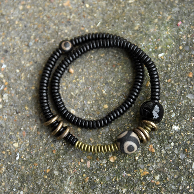Double Wrap Ebony Wood and Green Sandalwood Obsidian Bracelet for Calm