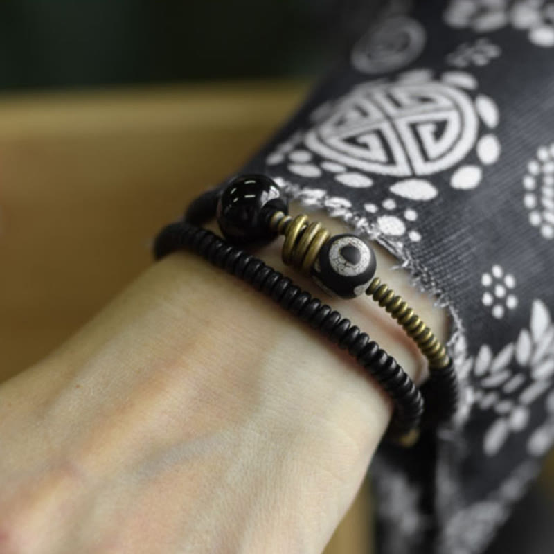Double Wrap Ebony Wood and Green Sandalwood Obsidian Bracelet for Calm