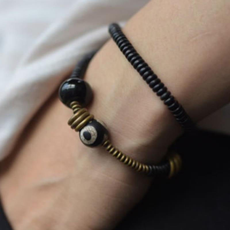 Double Wrap Ebony Wood and Green Sandalwood Obsidian Bracelet for Calm