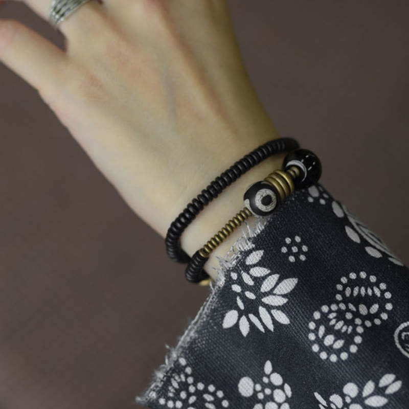 Double Wrap Ebony Wood and Green Sandalwood Obsidian Bracelet for Calm