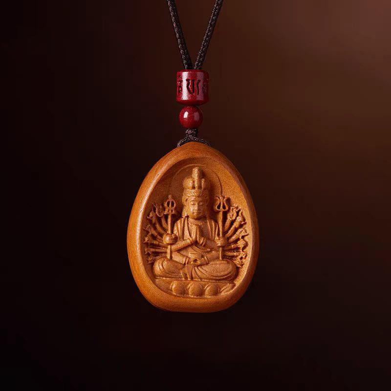 Peach Wood Chinese Zodiac Necklace with Om Mani Padme Hum Pendant