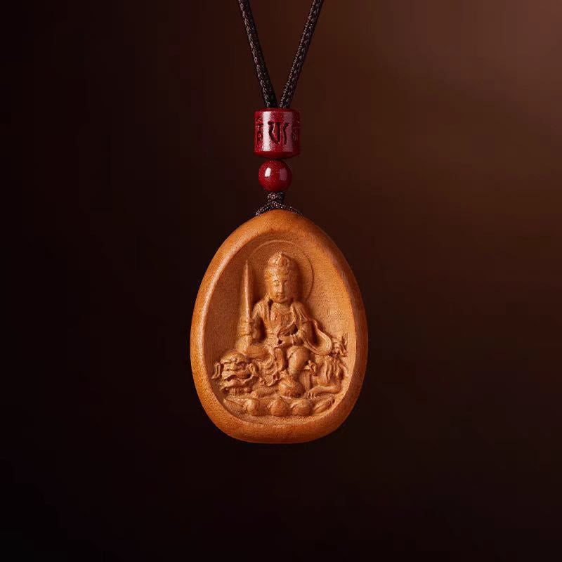 Peach Wood Chinese Zodiac Necklace with Om Mani Padme Hum Pendant
