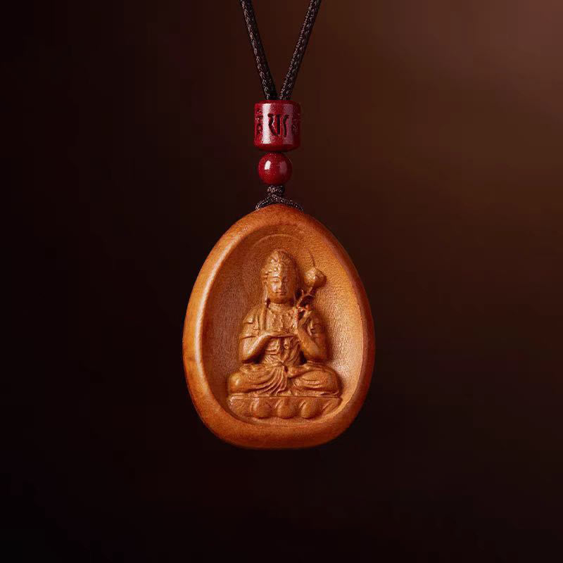 Peach Wood Chinese Zodiac Necklace with Om Mani Padme Hum Pendant