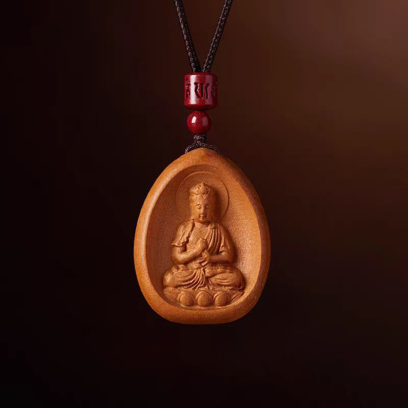 Peach Wood Chinese Zodiac Necklace with Om Mani Padme Hum Pendant