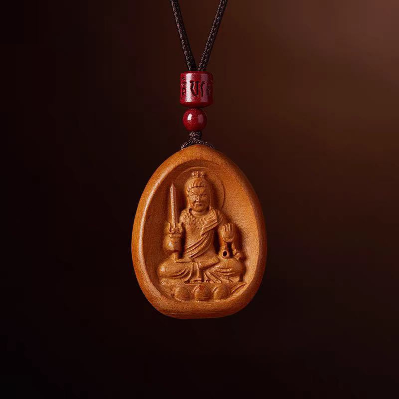 Peach Wood Chinese Zodiac Necklace with Om Mani Padme Hum Pendant