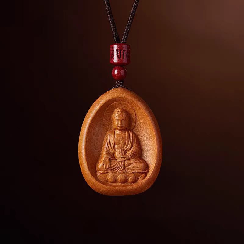 Peach Wood Chinese Zodiac Necklace with Om Mani Padme Hum Pendant