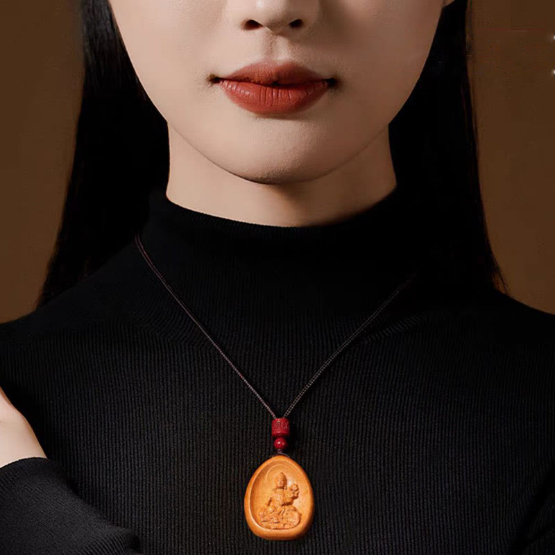Peach Wood Chinese Zodiac Necklace with Om Mani Padme Hum Pendant