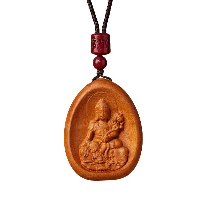 Peach Wood Chinese Zodiac Necklace with Om Mani Padme Hum Pendant