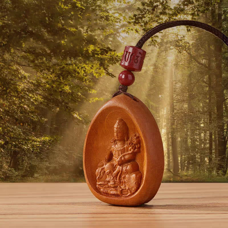 Peach Wood Chinese Zodiac Necklace with Om Mani Padme Hum Pendant