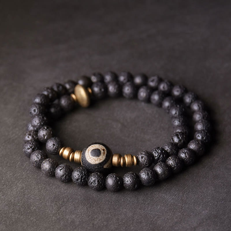 6mm Lava Rock Three-eyed Dzi Bead Double Wrap Bracelet