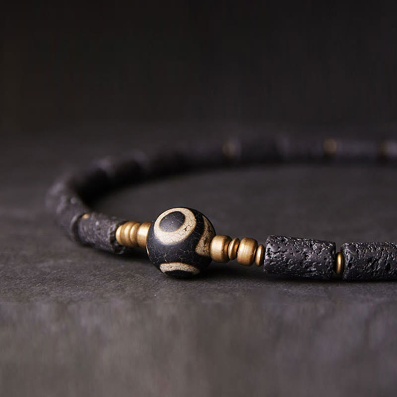 6mm Lava Rock Three-eyed Dzi Bead Brass Wrap Bracelet for Calm