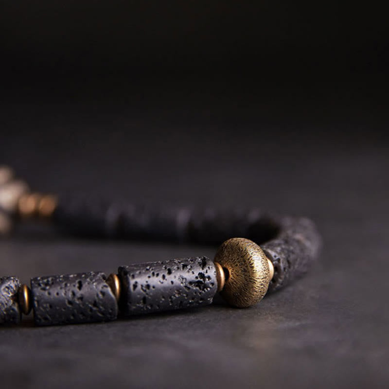 6mm Lava Rock Three-eyed Dzi Bead Brass Wrap Bracelet for Calm