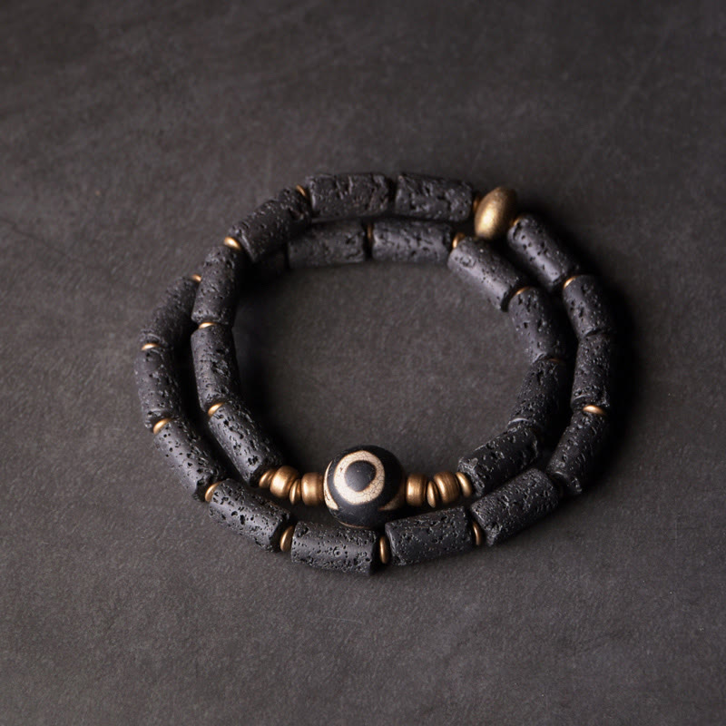 6mm Lava Rock Three-eyed Dzi Bead Brass Wrap Bracelet for Calm