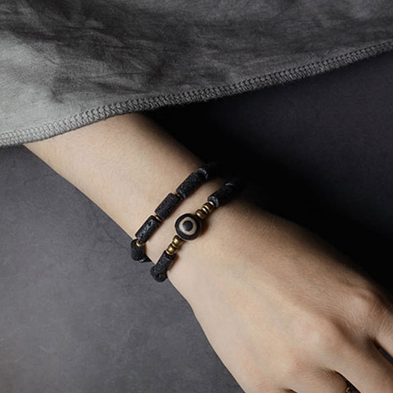 6mm Lava Rock Three-eyed Dzi Bead Brass Wrap Bracelet for Calm
