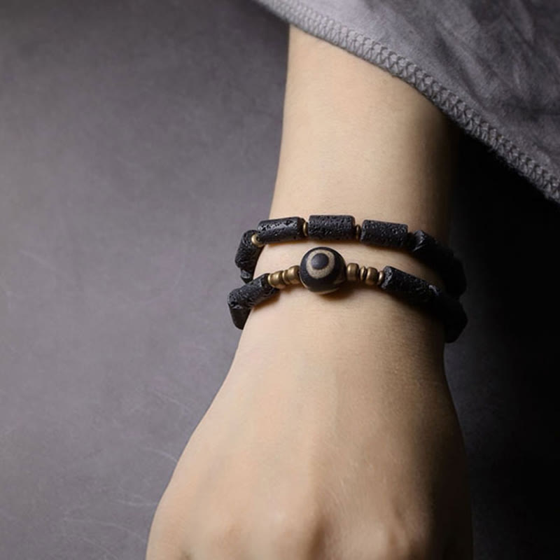 6mm Lava Rock Three-eyed Dzi Bead Brass Wrap Bracelet for Calm