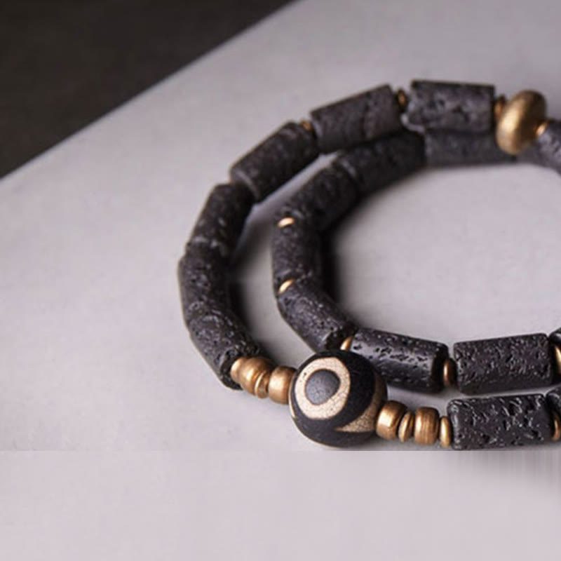 6mm Lava Rock Three-eyed Dzi Bead Brass Wrap Bracelet for Calm