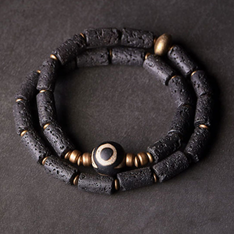 6mm Lava Rock Three-eyed Dzi Bead Brass Wrap Bracelet for Calm