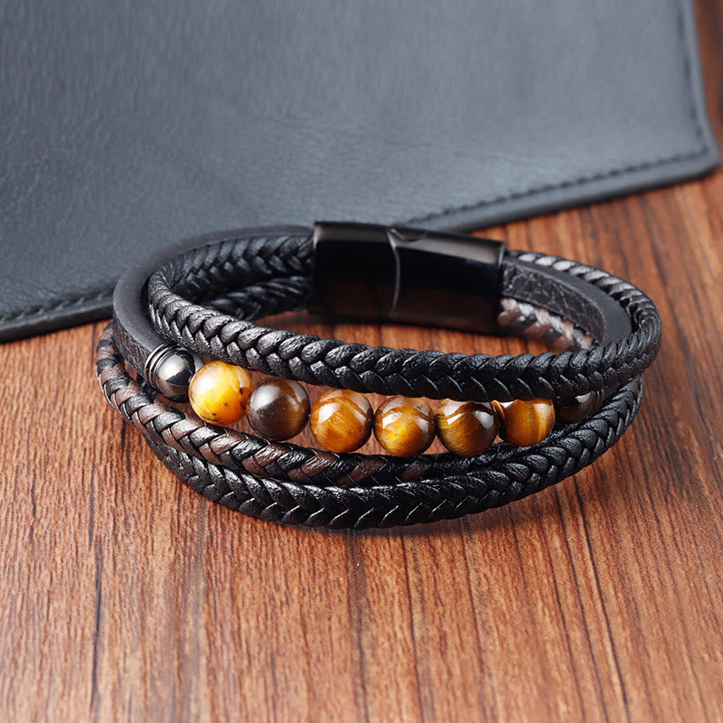 Tigerauge-Schutz-Lederarmband für Herren, 18–20 cm