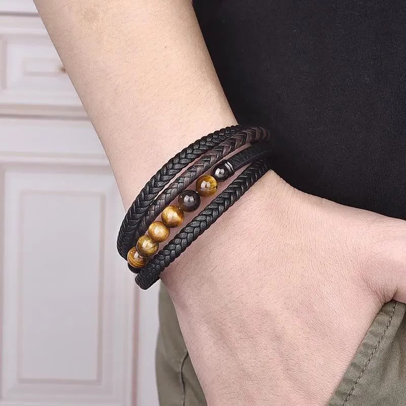 Tigerauge-Schutz-Lederarmband für Herren, 18–20 cm