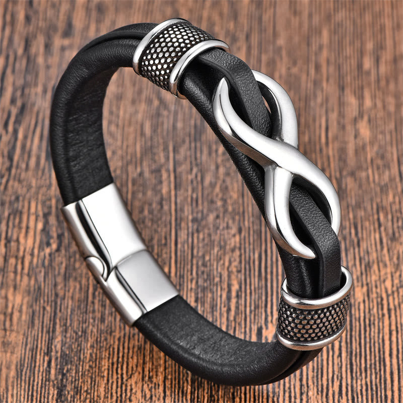 Obsidian Bracelet Titanium Steel Leather Black Infinity Knot