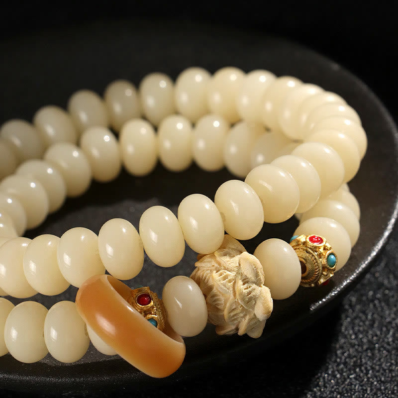 Bodhi Seed Peach Wood Lotus Wealth Double Wrap Bracelet