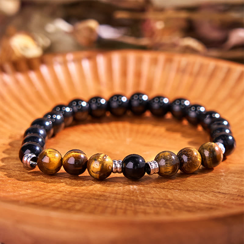 8mm Hematite Blue Tiger Eye Bracelet Set - Protection Design